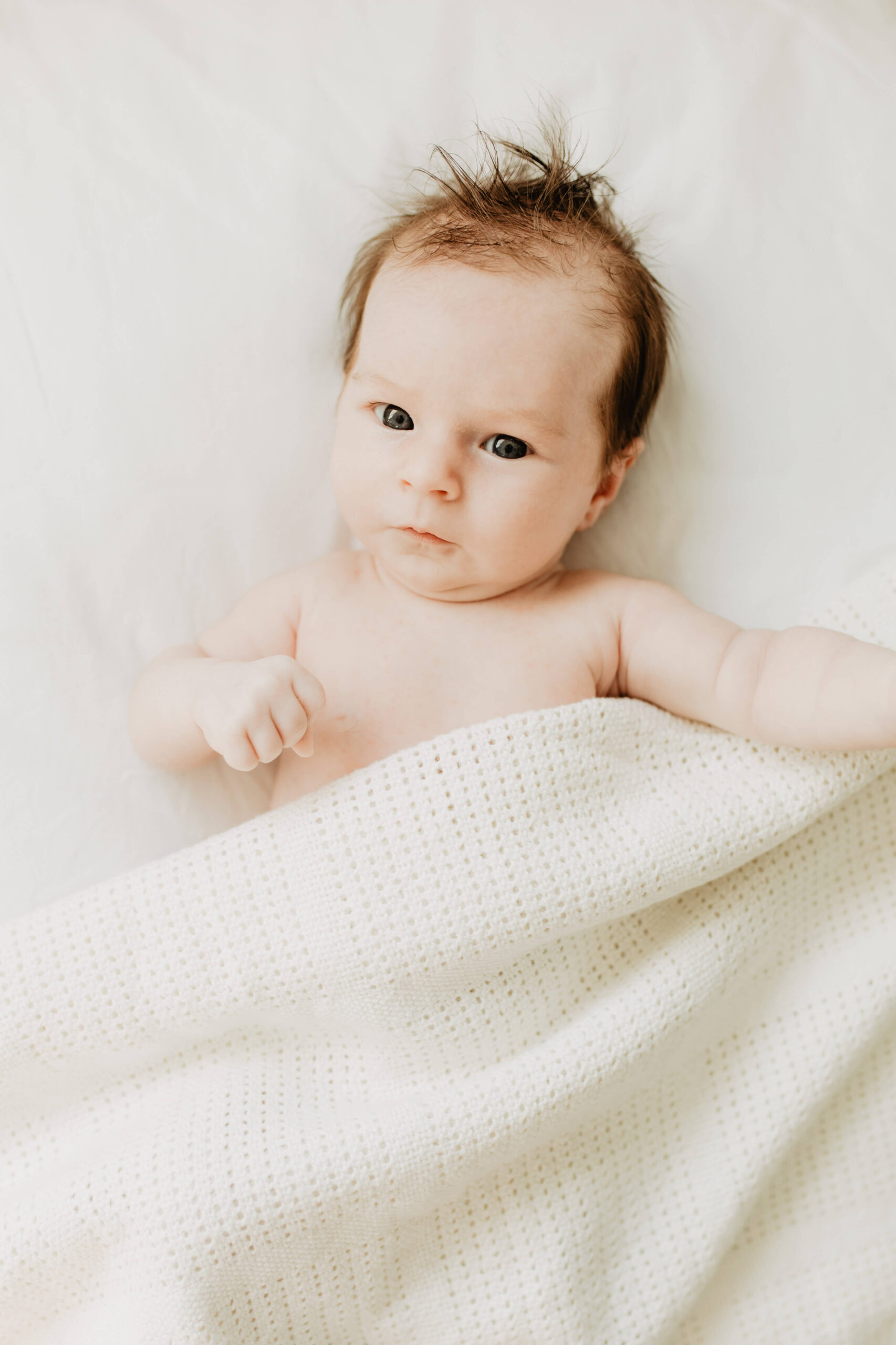 Neugeborenes schaut direkt in die Kamera, zugedeckt mit einer Decke
